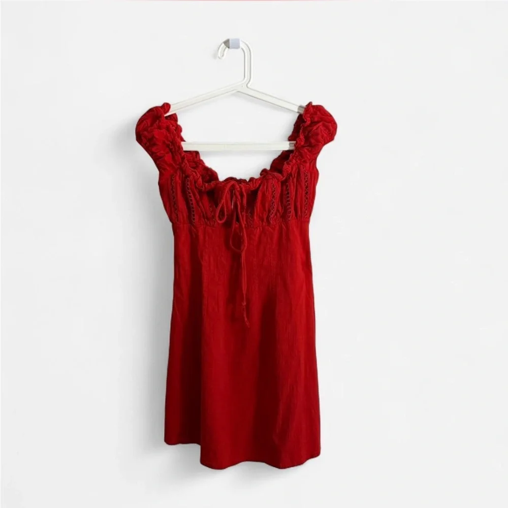 Red Ruffle Short Sleeved Mini Dress - Picture 1 of 5